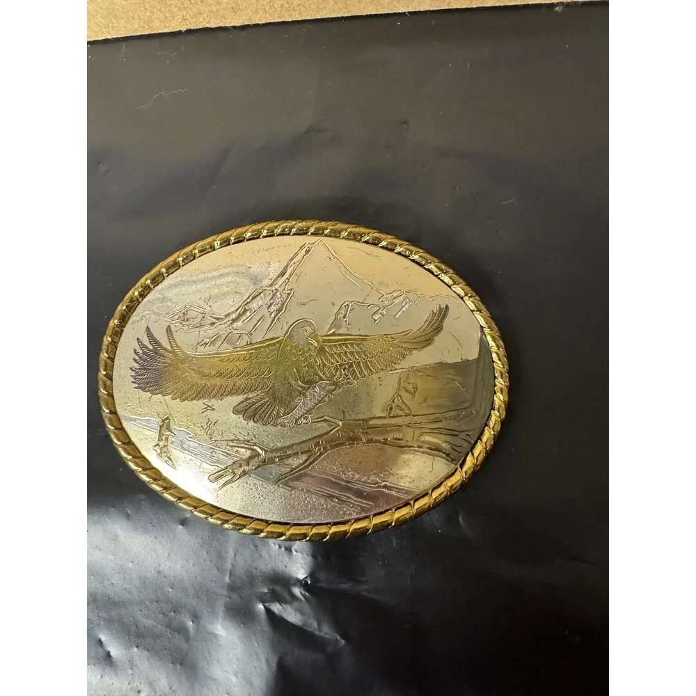 Vintage 1970s Eagle Mountain Belt Buckle Two Tone Made in USA Western Oval